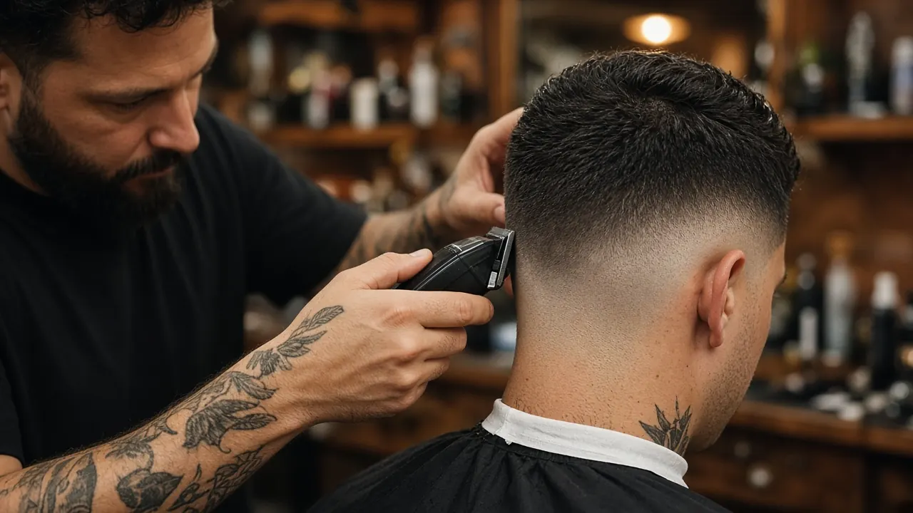 Proses potong rambut dari belakang dengan gunting dan sisir