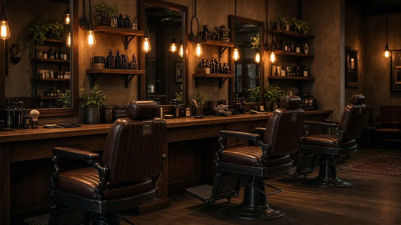 Interior barbershop dengan kursi cukur klasik dan cermin